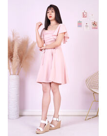 Fine Flare Sleeve Dual Drawstring Pleated Top Swing Dress (Pink)